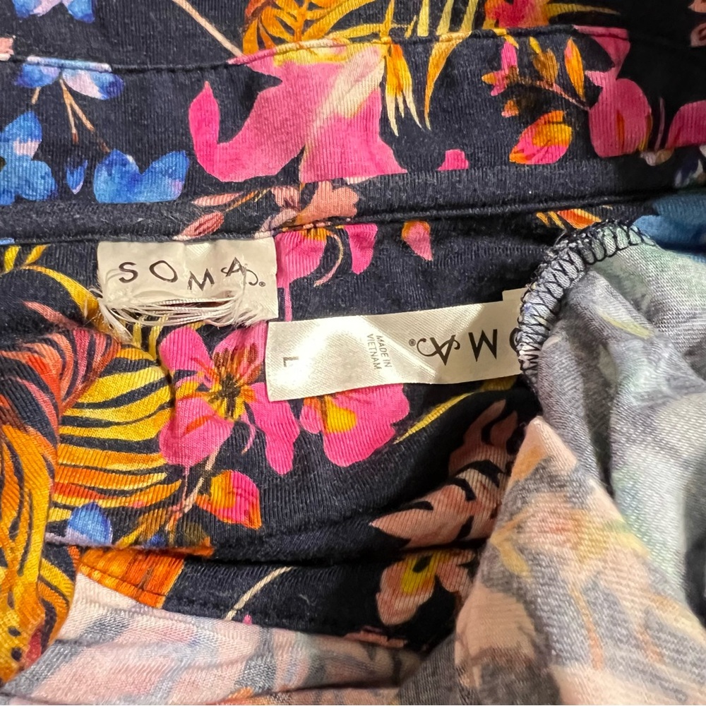 Soma Floral Pajama Set - Black with Pink and Blue Accents Top Large Bottoms M - Picture 6 of 10